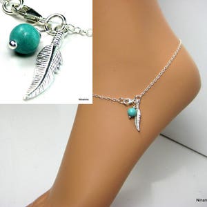 Massive silver feather ankle chain and turquoise pearl N3438 image 7