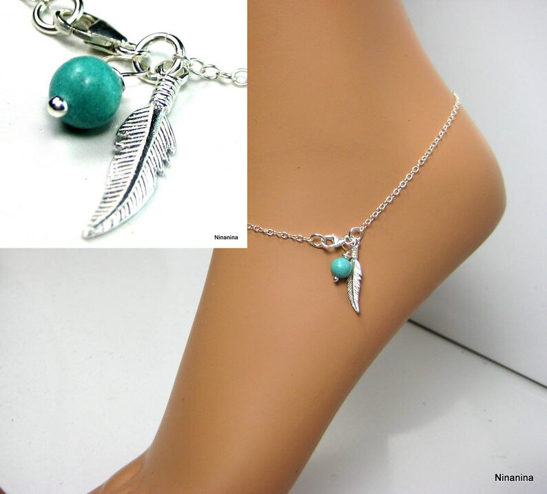 Massive silver feather ankle chain and turquoise pearl N3438 image 7