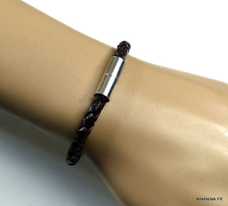 Bracelet cuir tressé fermoir aimanté argent massif N4970 image 2