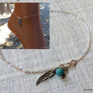 Massive silver feather ankle chain and turquoise pearl N3438 image 10