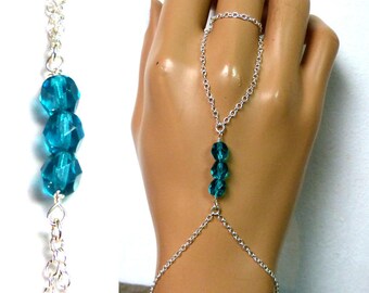 Bracelet bague argent 925 et cristal turquoise N2491