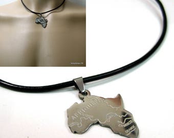 Men's necklace leather and AFRICA stainless steel N2626