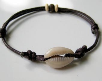 Cotton bracelet waxed mixed shell N2787 coffee bean