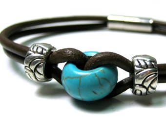 Bracelet homme cuir et perle turquoise N3054