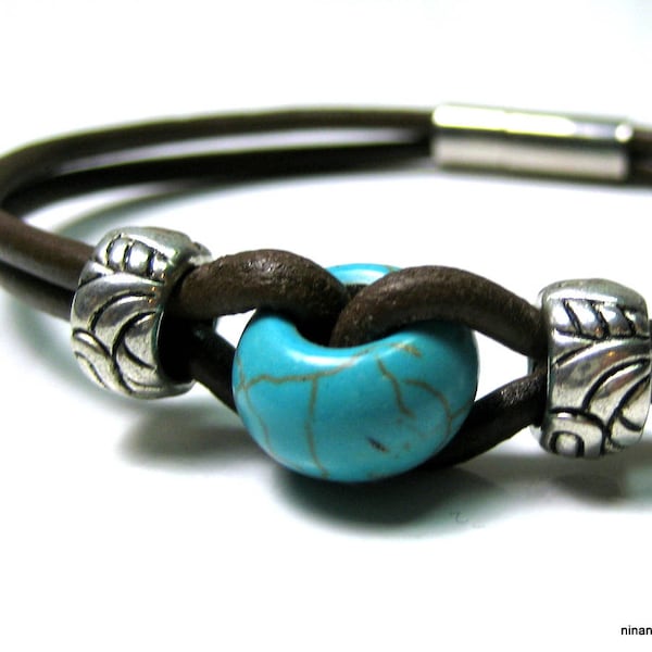 Bracelet homme cuir et perle turquoise N3054