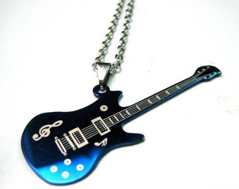 Collier pendentif guitare bleue acier N3626