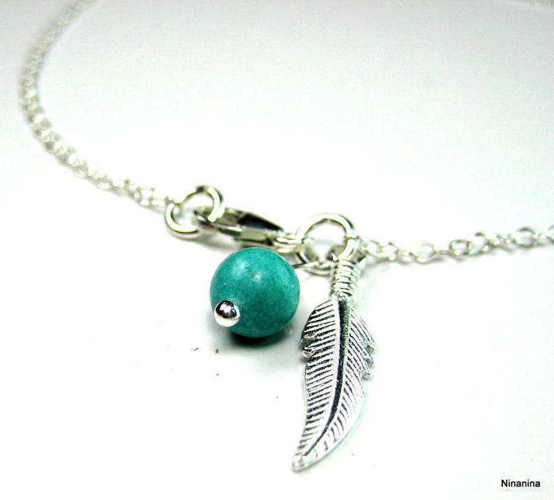 Chaine de cheville plume argent massif et perle turquoise N3438 image 3