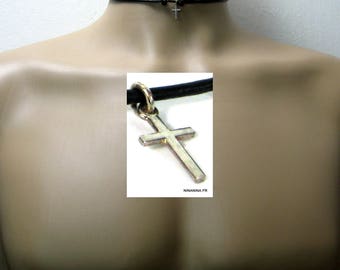 Collier cuir et croix argent massif N3179