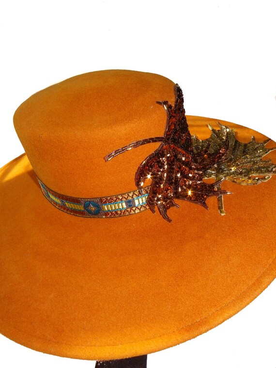 Wests Turquoise Style Of Individuality Wide Brim Wool Felt Hat In FALLS Pumpkin With Sparkles! Wests Turquoise Style Of Individuality Wide Brim Wool Felt Hat In FALLS Pumpkin With Sparkles!