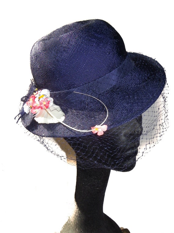 Bowler / Fascinator In Navy Blue Straw