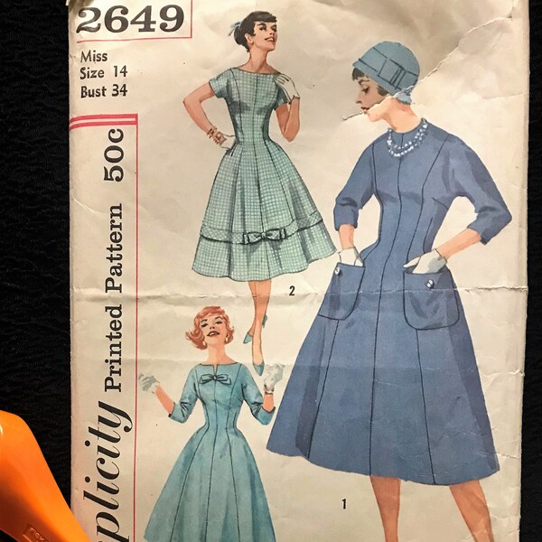 Simplicity 2649 Printed Pattern Size 14 Jr. Misses and Misses One-Piece Dress 1950's