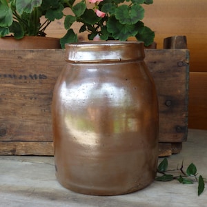 Antique Pottery Canning Jar, Brown Stoneware Crock Jar, Primitive Farmhouse Country Cottage Rustic Cabin Kitchen Decor