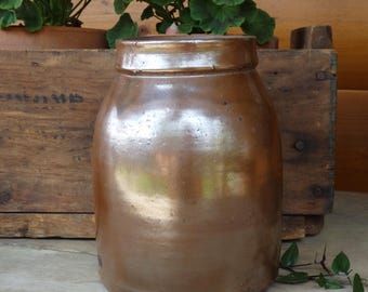 Antique Pottery Canning Jar, Brown Stoneware Crock Jar, Primitive Farmhouse Country Cottage Rustic Cabin Kitchen Decor