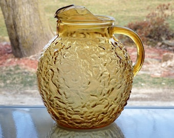Vintage Amber Glass Pitcher Anchor Hocking Lido Milano Mid Century Water Iced Tea Pitcher