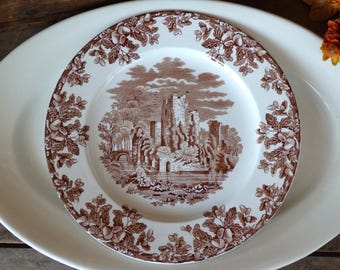 WT Copeland & Sons Stoke on Trent Castle 10 3/8" Dinner Plate, Vintage Brown Transferware Plate with Abbey Ruins, Oak Leaves, and Acorns