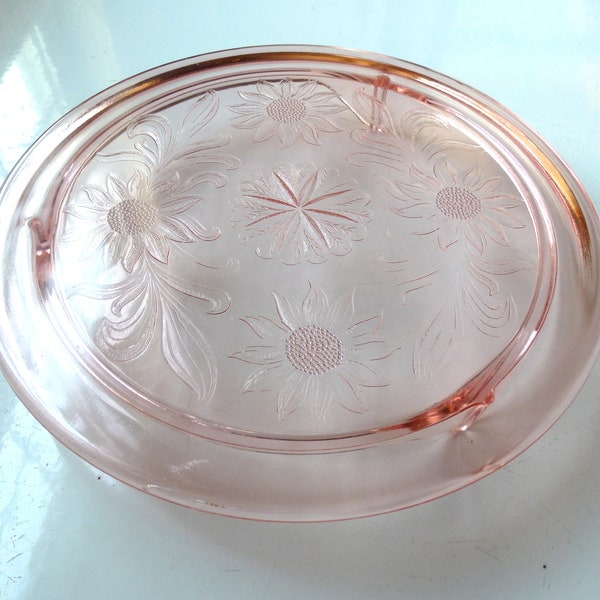 Pink Depression Glass Sunflower Cake Stand, Jeannette Glass Footed Cake Plate