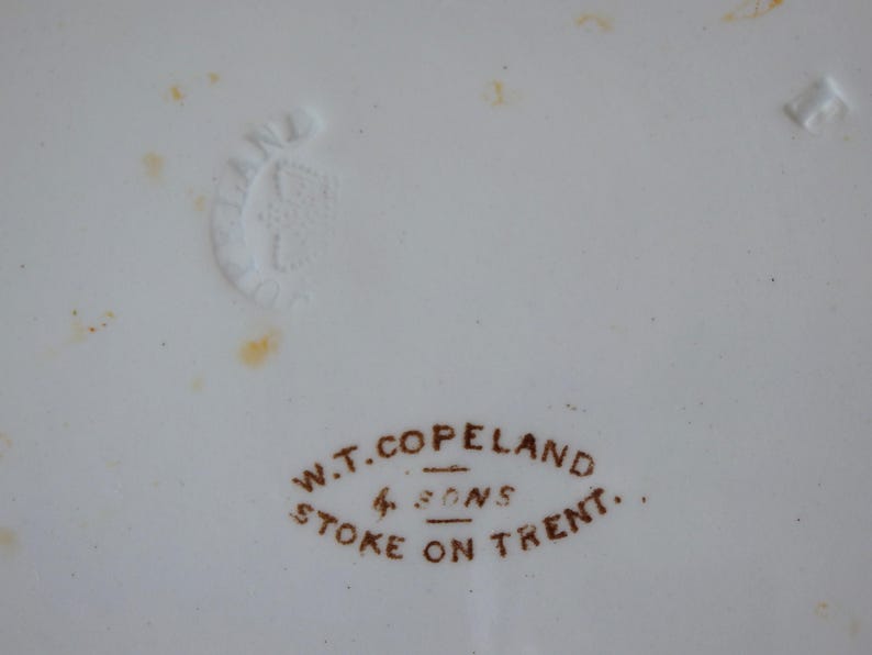 Może przedstawiać: Zbliżenie białej ceramicznej powierzchni z wytłoczonym kwiatowym znakiem. Tekst "W.T. Copeland & Sons Stoke on Trent" jest wydrukowany brązowym tuszem, wskazując producenta i lokalizację.