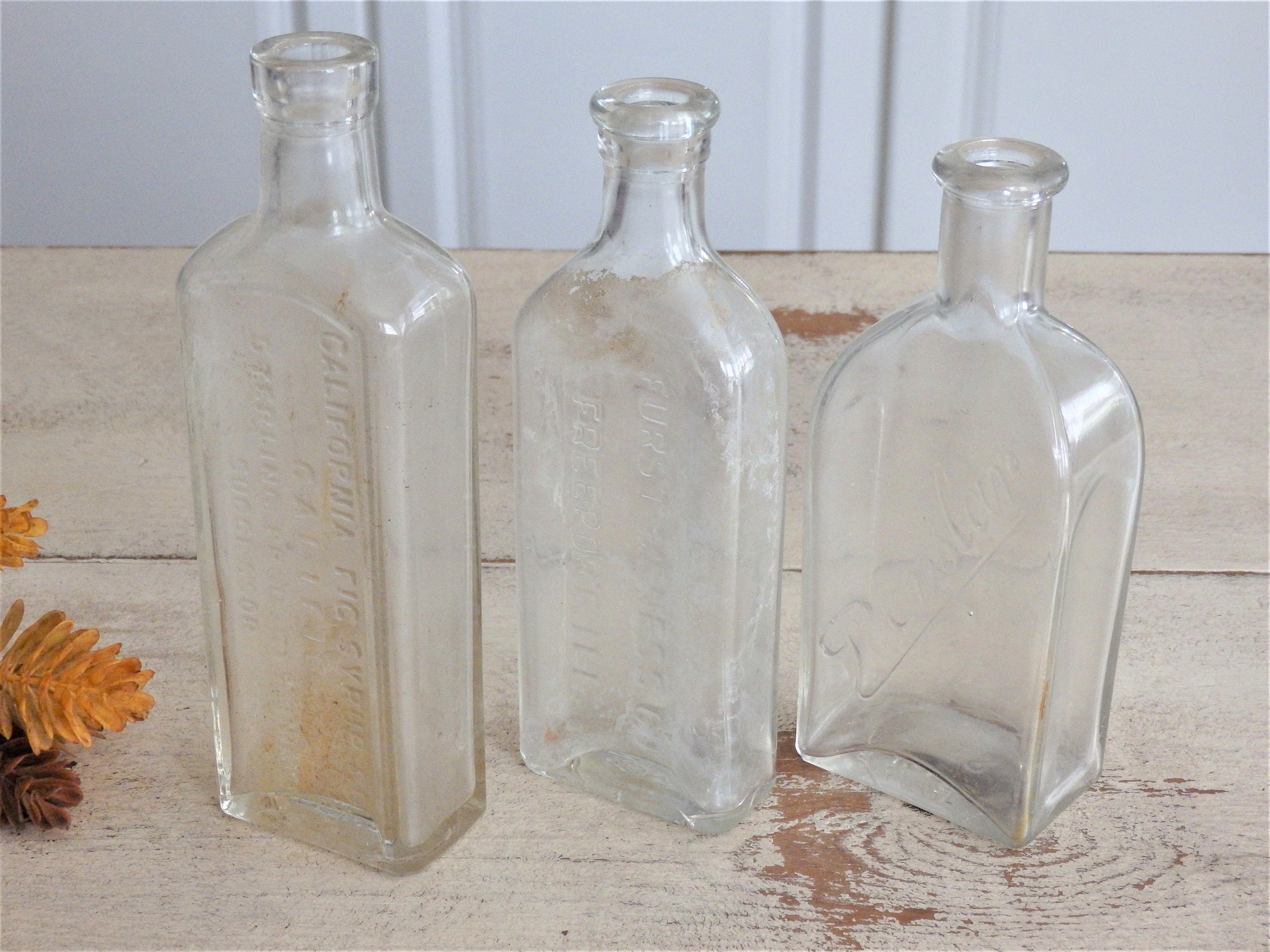 3 Old Glass Bottles, Penslar, California Fig Syrup Co Sterling Products