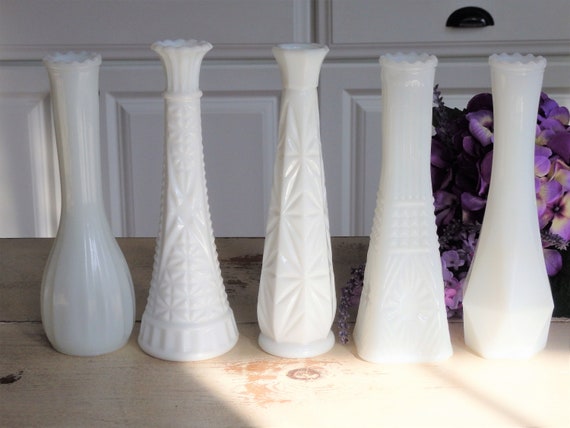 Milk Glass Vases Set Of 5 Vintage Bud Vases Shower Wedding Etsy
