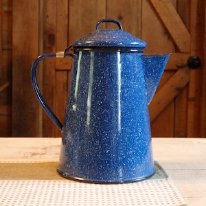 Vintage Blue and White Speckled Enamelware Coffee Pot, Camping Kettle