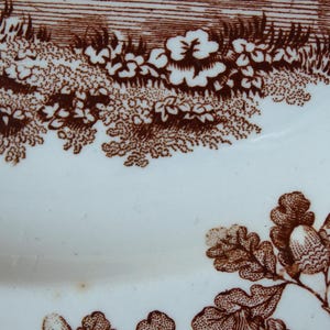 Może przedstawiać: Fragment białego ceramicznego talerza z brązowym wzorem transferowym. Wz&oacute;r przedstawia krajobraz z drzewami, kwiatami i żołędziami. Talerz ma lekko zakrzywioną krawędź.
