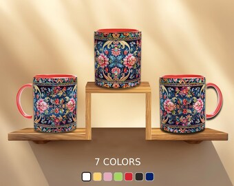 Traditional Floral Design, Ceramic Mug with Color Inside, 7 Colors, Black Mug, Red Mug, Green Mug, Yellow Mug, Pink Mug, BlueMug طرح گل سنتی