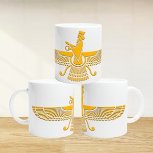 Faravahar فروهر Mug, Zoroastrian Mug, Persian Ancient Gift, Ahura Mazda, Good Thoughts, Good Words, and Good Deeds FREE SHIPPING, Gift Idea