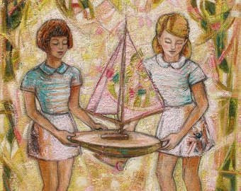 Fillettes au voilier - très beau tableau d'inspiration vintage