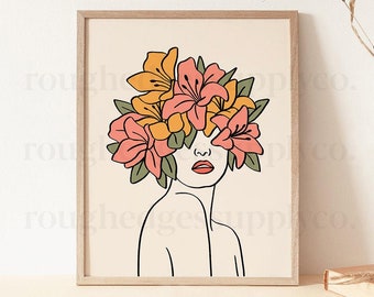 Boho flor chica línea arte impresión, mujer con flores línea dibujo, estética minimal arte de línea femenina, boho arte imprimible, DIGITAL PRINT