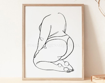 May include: A black and white line drawing of a person in a kneeling pose. The drawing is framed in a light wood frame.