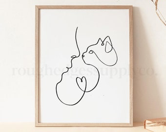 Cat and Human Line Art Print, Minimal Cat Line Drawing, Animal One Line Drawing, Pet Love Wall Art, Printable Art, DIGITAL DOWNLOAD