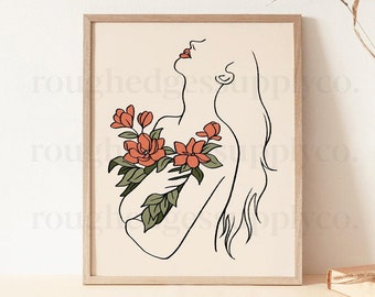 Boho flor chica línea arte impresión, mujer con flores línea dibujo, estética minimal arte de línea femenina, boho arte imprimible, DIGITAL PRINT