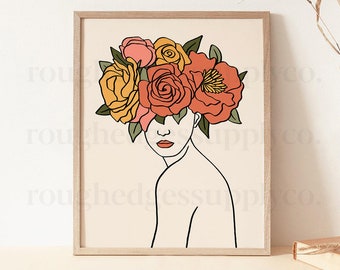 Boho flor chica línea arte impresión, mujer con flores línea dibujo, estética moderna línea arte, boho arte imprimible, DIGITAL PRINT