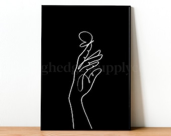 Hand and Butterfly Line Art, Abstract Digital Art Print, Minimal Line Drawing, Minimalist Wall Art, Printable Wall Art, DIGITAL DOWNLOAD