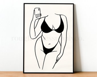 Selfie Body Positive Line Art Print, Postać kobieca, Minimalistyczna sztuka ścienna do druku, POBIERANIE CYFROWE, Cyfrowy wydruk artystyczny, Rysunek liniowy