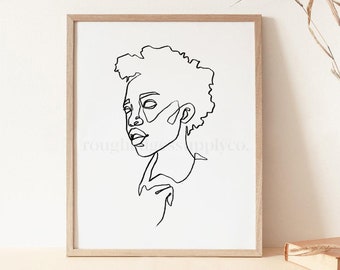 Black Woman Portrait Line Drawing, African American Woman Line Art, Afro Woman, Art Print, Minimalist Printable Wall Art, DIGITAL DOWNLOAD