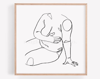 May include: A black and white line drawing of a pregnant person sitting with their hand on their stomach.