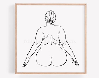 May include: Line art drawing of a person sitting with their back to the viewer. The drawing is in black and white and is framed in a light wood frame.