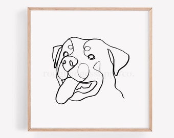 Wydruk artystyczny psa Rottweilera, rysunek liniowy, sztuka liniowa, portret psa, prezent dla miłośnika psów, sztuka zwierząt, dekoracja ścienna pokoju dziecięcego, CYFROWE POBIERANIE