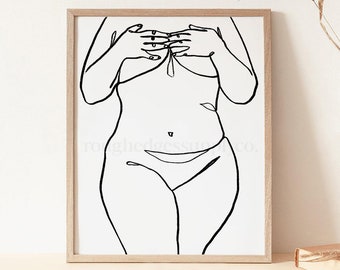 Kroppspositiv linjekonst, konsttryck med kvinnlig figur, minimalistisk väggkonst, utskrivbar väggkonst, digital nedladdning, digitalt konsttryck, linjeteckning