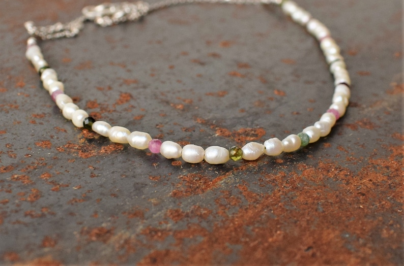 Sterling Silver Dainty Necklace Tiny Pearl Silver Necklace,Bridesmaid Jewelry Pearl and Tourmaline Necklace Silver Pearl Choker Necklace