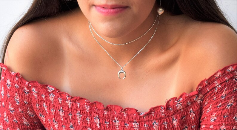 Set Of 2 Layered Necklace Horn Necklace,Sterling Silver Choker,Sterling Silver Necklace Horn Necklace,Layered Necklace,Silver Horn Pendant