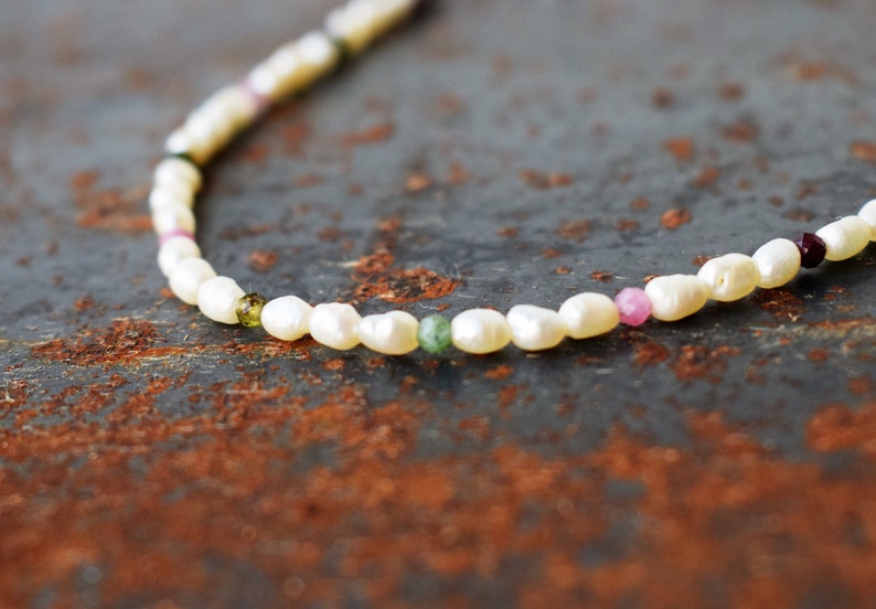 Sterling Silver Dainty Necklace Tiny Pearl Silver Necklace,Bridesmaid Jewelry Pearl and Tourmaline Necklace Silver Pearl Choker Necklace