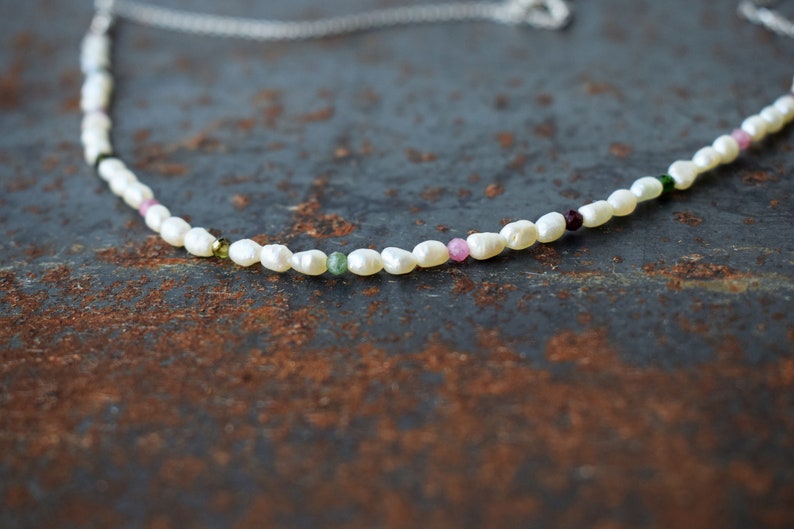 Sterling Silver Dainty Necklace Tiny Pearl Silver Necklace,Bridesmaid Jewelry Pearl and Tourmaline Necklace Silver Pearl Choker Necklace