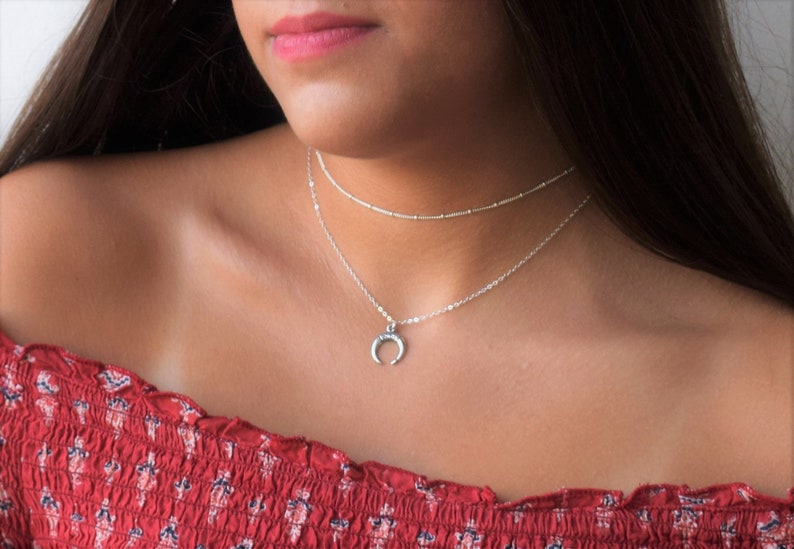 Set Of 2 Layered Necklace Horn Necklace,Sterling Silver Choker,Sterling Silver Necklace Horn Necklace,Layered Necklace,Silver Horn Pendant