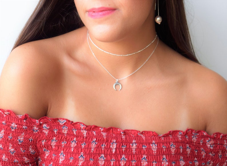 Set Of 2 Layered Necklace Horn Necklace,Sterling Silver Choker,Sterling Silver Necklace Horn Necklace,Layered Necklace,Silver Horn Pendant