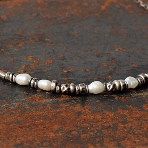 Pearl Necklace,Sterling Silver Pearl Necklace, Oxidized Sterling Silver and Pearl