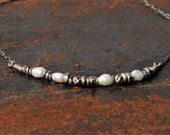 Pearl Necklace,Sterling Silver Pearl Necklace, Oxidized Sterling Silver and Pearl