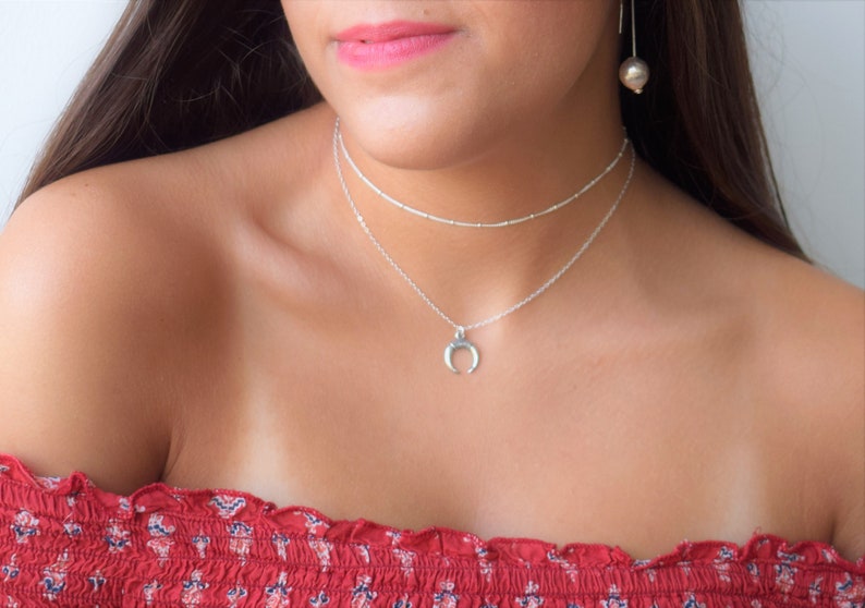Set Of 2 Layered Necklace Horn Necklace,Sterling Silver Choker,Sterling Silver Necklace Horn Necklace,Layered Necklace,Silver Horn Pendant