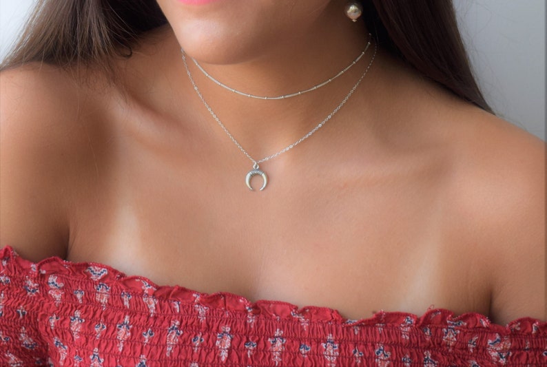 Set Of 2 Layered Necklace Horn Necklace,Sterling Silver Choker,Sterling Silver Necklace Horn Necklace,Layered Necklace,Silver Horn Pendant
